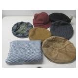 Six Vtg Suede & Wool Hats W/Scarf