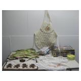 Vtg Schmidt Tin W/Vtg Aprons Pillows Cases & More