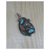 Vtg Sterling Silver Tested Turq & Coral Pendant
