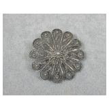 Vtg S.S Filigree Flower Brooch Pin Hallmark 1 7/8'