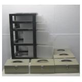 Five Metal Lock Boxes & 4 Drawer Plastic Organizer