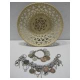 Two Coin Charm Bracelets & Wooden Carved Basket