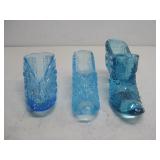 Vtg Fenton Blue Glass Bootie, Two Blue Glass See