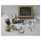 Fashion Jewelry, Two Vtg Owl Figurines, Bank See