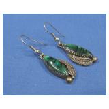 Vtg Sterling Silver Green Abalone Dangle Earrings