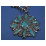 Vtg Silver Tone Big Flower Turq. Belt