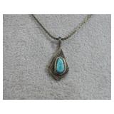 S.S. Turquoise Pendant W/Silvertone Necklace