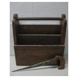 Vtg Wooden Tool Caddy, Hand Painted Saw See Info