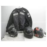 Motorcycle Gear, Three Helmets & Jacket See Info