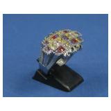 Multi Stone On Silvertone Ring See Info