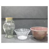Stoneware Pottery Bowl, Glass Jug & Crystal Bowl