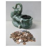 Ceramic Elephant Planter W/Pennies 8' Tall