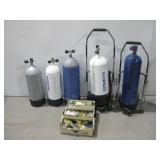 Five Scuba Diving Oxygen Tanks & Tackle Box