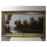 Vtg Oil On Canvas River Surronded By Trees See