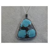 S.S. SW Turq.Pendant Chain Necklace Hallmarked