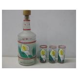 Vtg Hand Painted Liquor Bottle,Three Shot Glasses