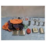 Various Flasks, Shot Glasses, Crown Royal Bags
