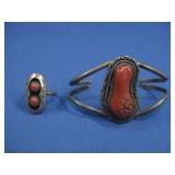 Vtg Sterling Silver Bracelet & Ring W/Red Stone