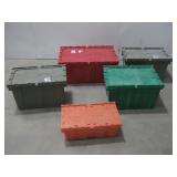 Five Plastic Flip Top Storage Totes Various Sizes