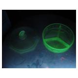 Etched Uranium Glass Divided Dish W/Lid 4'