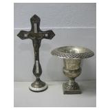 Silver Plated Urn Planter Mother Of Pearl Crucifix