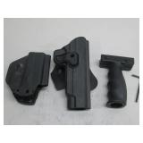 Two Hard Shell Pistol Holsters & Rifle Grip