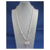 Vtg Rose Quartz Beaded Necklace W/Pig
