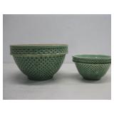 Two Vtg Green Waffle Print Mixing Bowls See Info