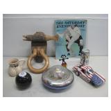 Vtg Toy Spaceship, Wood Carved Fish,Saturday Post