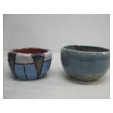 Two Glazed Ceramic Pottery Bowls Tallest 3'