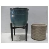 Two Decorative Ceramic Planters, Wooden Stand See