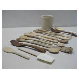Wooden Cooking Utensils In Stoneware Canister