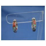 Vtg N/A Sterling Silver Opal & Coral Earrings See