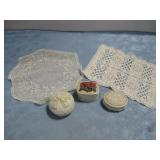 Three Vtg Trinket Boxes & Two Doilies