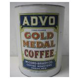 Vtg Advo Gold Metal Coffee Can 8.25' Tall