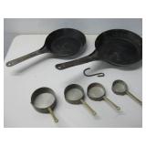 Two Vtg Frying Pans & Measuring Cups