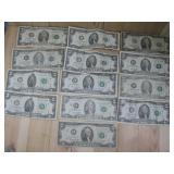 Thirteen Two Dollar Bills Currency