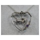 Vtg S.S. Big Heart W/ Cherub Amethyst Necklace