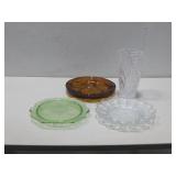 Vtg Uranium Glass Plate,Amber Glass Ashtray, Vase