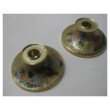 Two Brass Cloisonne Candle Stick Holders 2.5' Tall