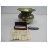 Vtg Brass Spitton & 2 Harmonicas