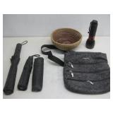 Flashlight, Handmade Pine Needle Basket & Purse