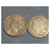 2 Silver Coins Peace & Morgan Dollars 90% Silver