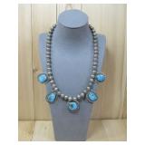 Vtg Navajo S.S. & Multi Turq. Pendant Necklace 16'