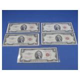 Five Red Seal $2 Dollar Bills