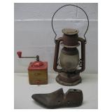 Vtg Lantern, Elma Coffee Mill & Wooden Shoe Form