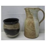 Two Signed Stoneware Pottery Pitcher & Vase