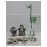 Four Decorative Yard Art Pieces Bird Frog See