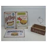 Three Food Signs & Wood Apple Box 8'x12'