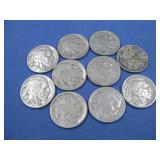 Nine Buffalo Nickles & One Liberty Head 'V' Nickel